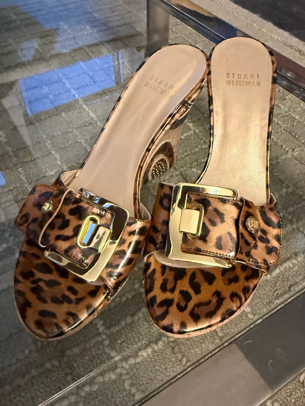 Stuart Weitzman Leopard-Print Slide Mules with Gold Buckles